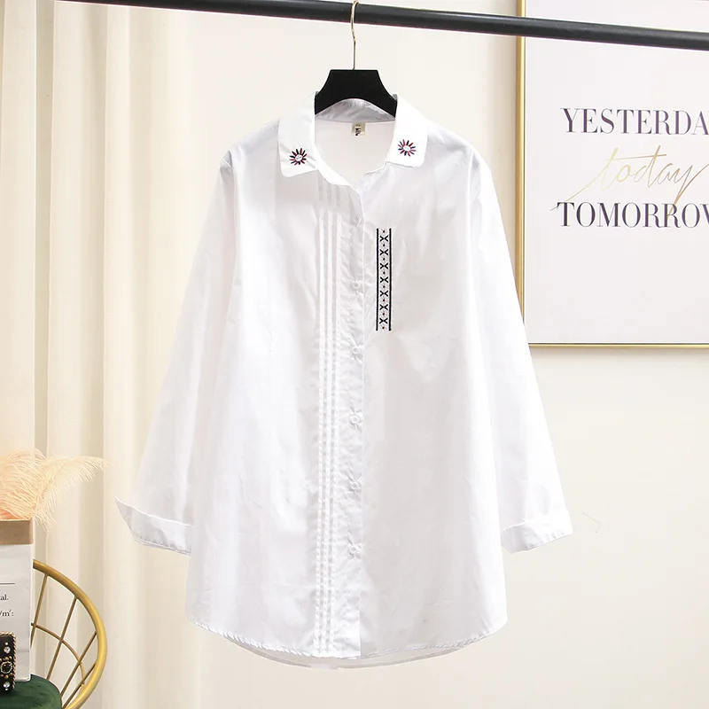 

Spring/Autumn Plus Size Women Shirt 2021 Fashion Casual Clothes Loose Long Sleeve Tops White Sunflower Embroidery Cotton Blouses