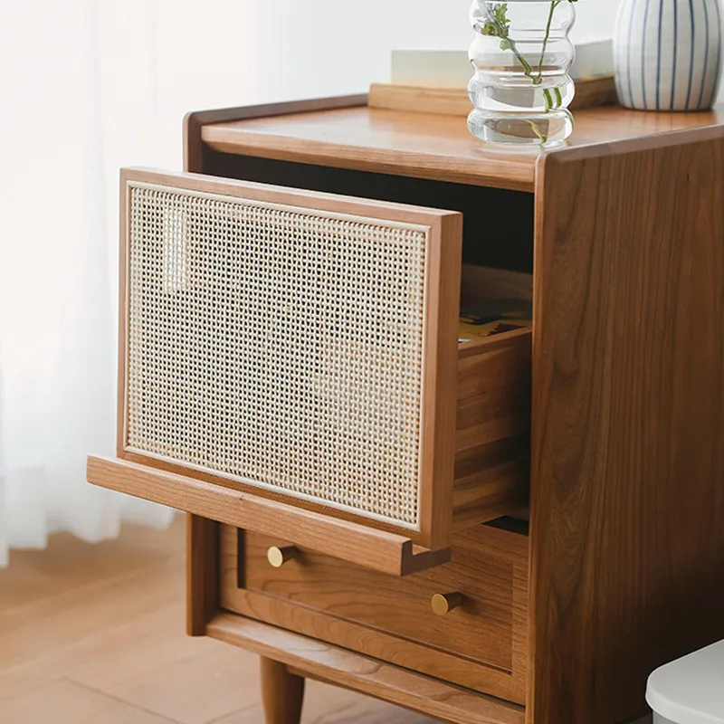 

New Nordic Solid Wood Rattan Bedside Cabinet Household Living Room Drawer Side Cabinet Multifunctional Simple Storage Cabinet