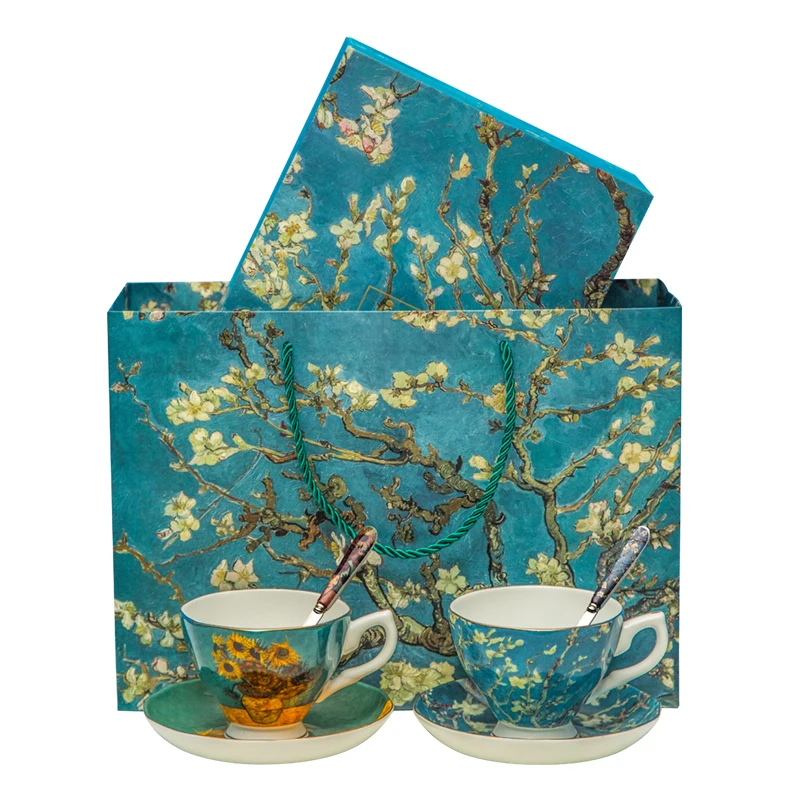 

Van Gogh tea cup and sacuer ceramic box & coffee cup saucer spoon set 220ml porcelain tea ceramic cup for gift