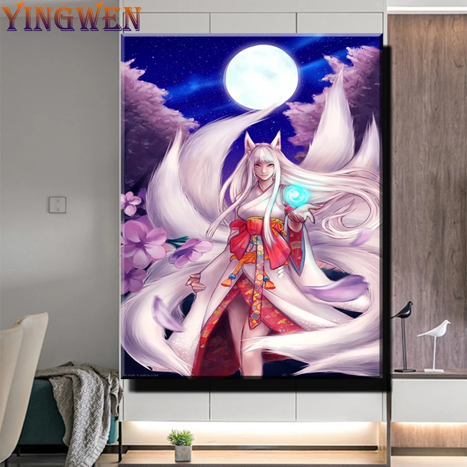 

Japanese Nine Tailed Fox Girl 5D DIY Diamond Painting Cross Stitch Diamond Mosaic Art Fairy Full Diamond Embroidery Home Decor