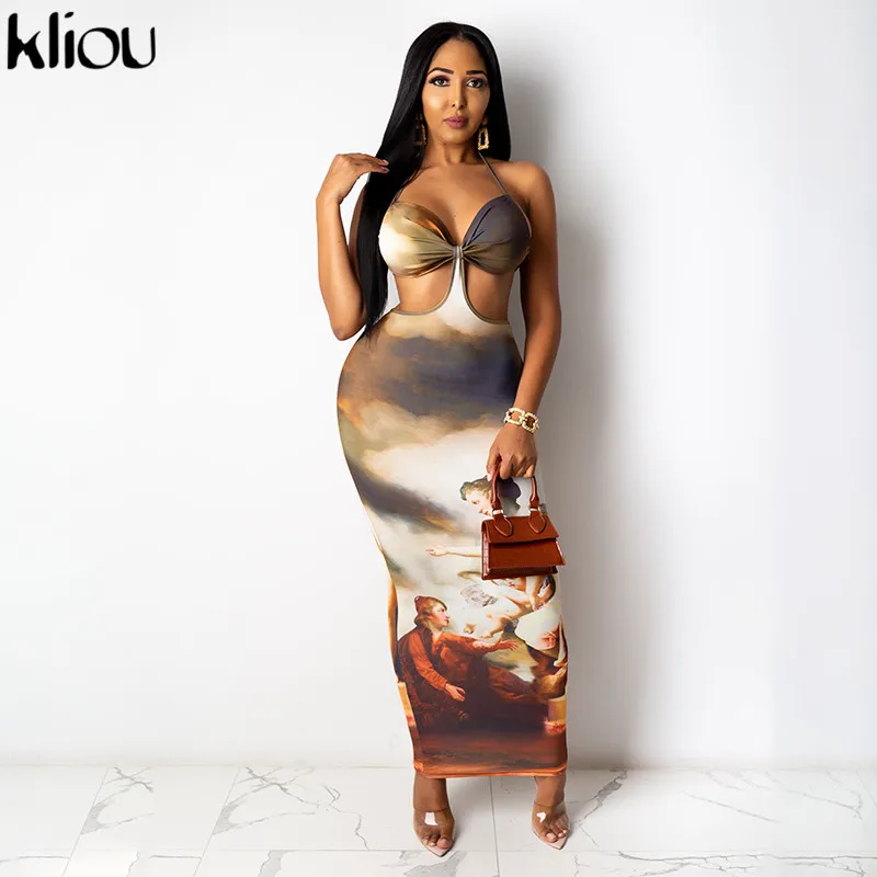 Женское платье макси с винтажным принтом Kliou сексуальный бюстгальтер открытой