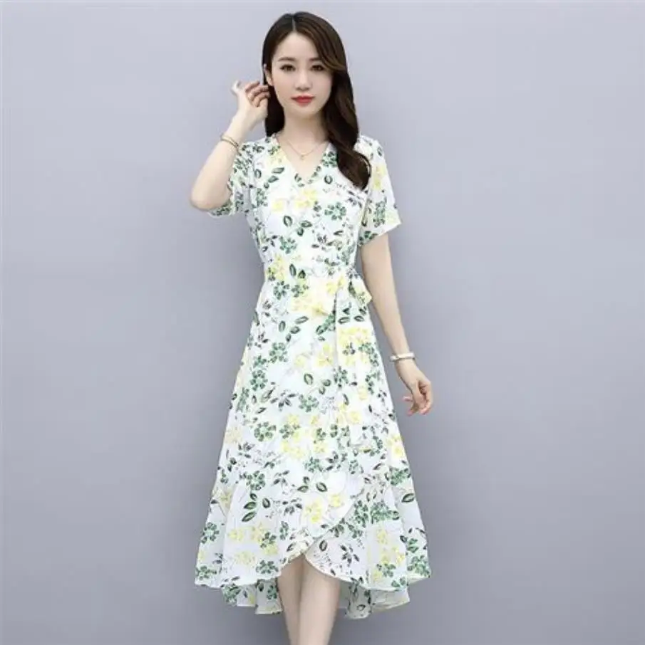 

Women's Spring Summer Style Women's Dress V-Neck Short sleeve Vintage printing Elegant Temperament Ladies Dress SS3138