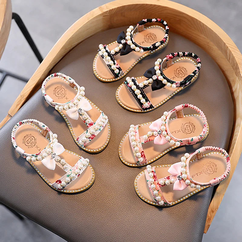 

Сандалии для девочек с открытым носком, туфли принцессы с жемчугом, мягкая подошва, Повседневная пляжная обувь для начинающих ходить детей, ...