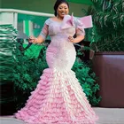 Aso Ebi женское платье-Русалка для выпускного вечера, роскошное кружевное платье с бусинами и коротким рукавом, многоярусная юбка, элегантное вечернее платье, нигерийские официальные платья