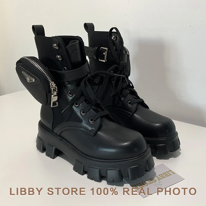 Женские мотоциклетные ботинки со шнуровкой Черные ботильоны на платформе с