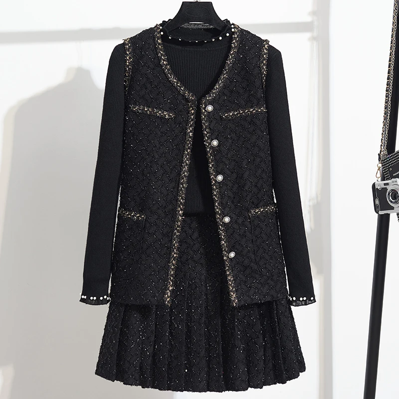 

Женский Повседневный костюм большого размера, Новинка осени 2021, твидовый жилет с бисером, свитер и плиссированная короткая юбка, комплект и...