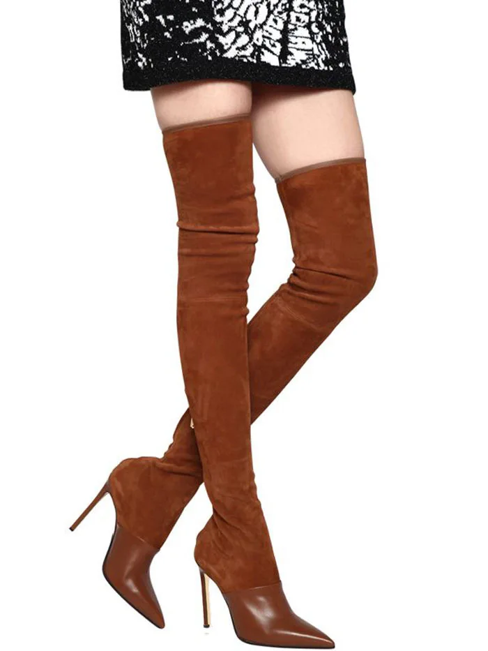 

Runway Fashion Black Brown Suede Leather Patchwork Pointed Toe Slim Boots Over The Knee Thigh Boots Stretch Knight Boots Woman