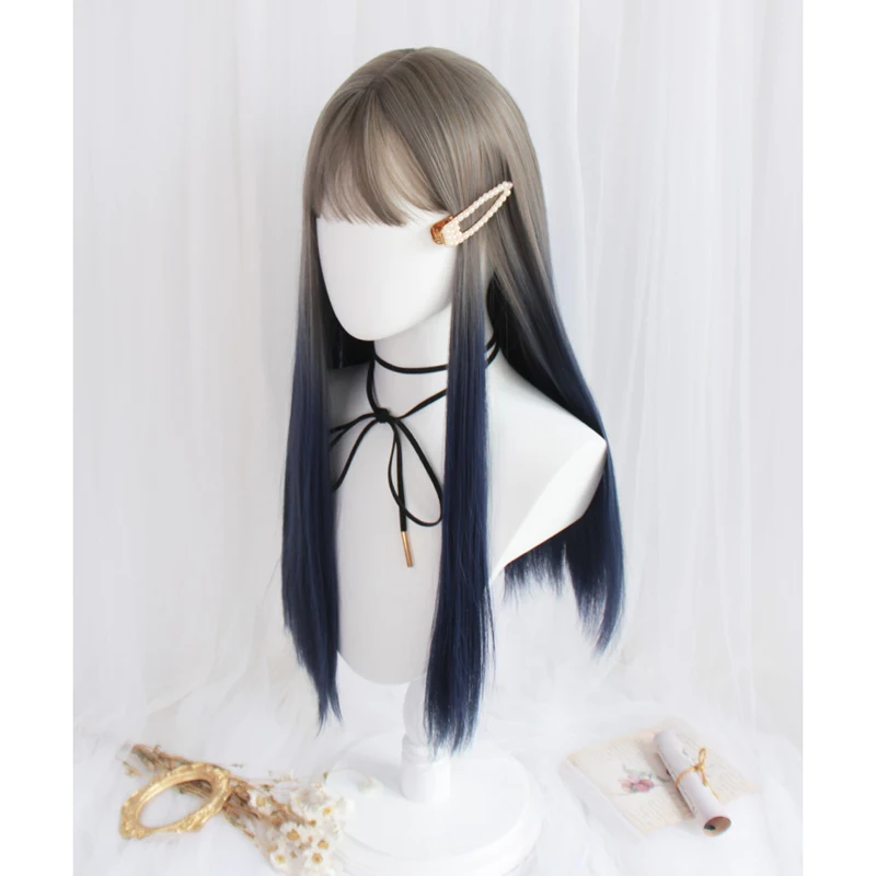 

Gradient Linen Blue Lolita Headwear JK Harajuku Fairy Long Straight Cute Sweet Bangs Creamy Girls Cosplay Adult headwear