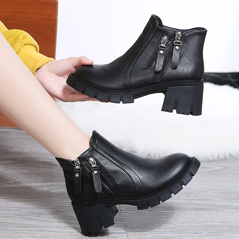 

Women's Ankle Pu Leather Platform Casual Boots 2022 Autumn New High Heel Fashion Zipper Round Head Square Heel Women's Boots