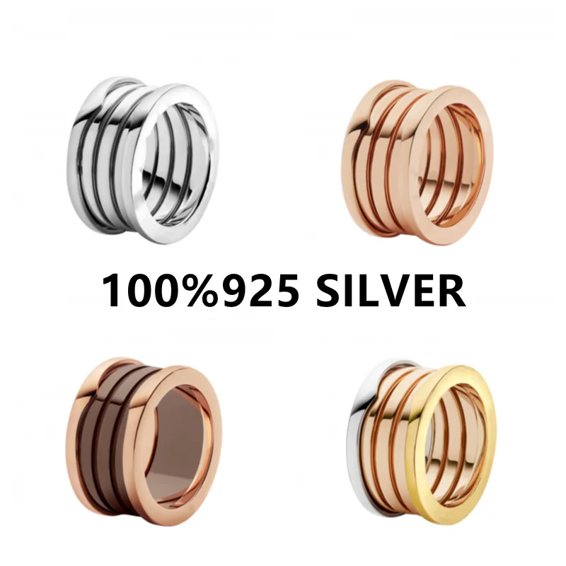 

925 Famous Brand Luxury Ring Zero Spring Black White Ceramics Spiral Shape Bilateral Zircon Sterling Silver Ring Original With