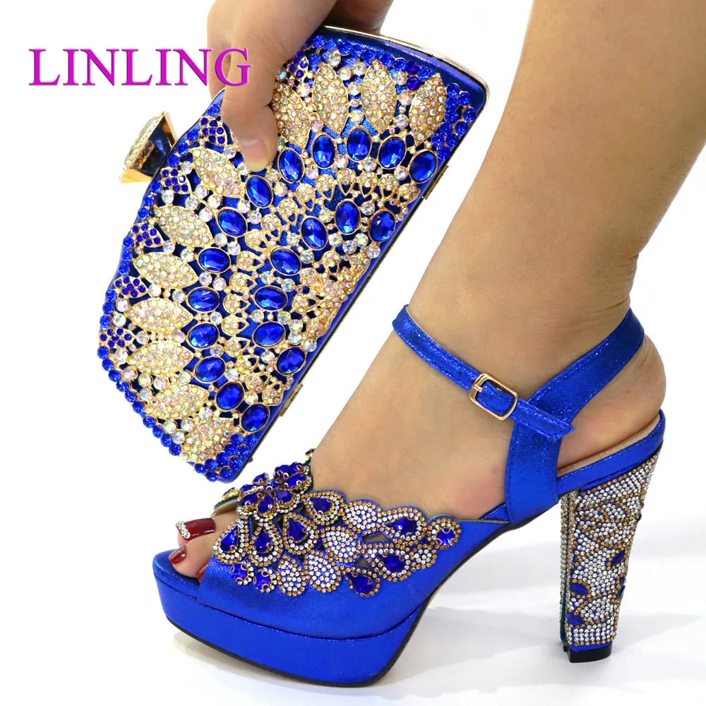 2021 New Blue With Print Desgin Shoes And Evening Bag Set Hot Sale Sandal Shoes With Handbag Heel Height 10.5CM