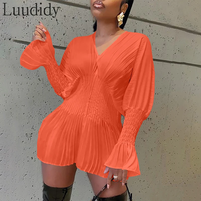 

Women Fashion Summer Long Flare Sleeve V-Neck Mini Party Dress Casual Ruched Short Dress