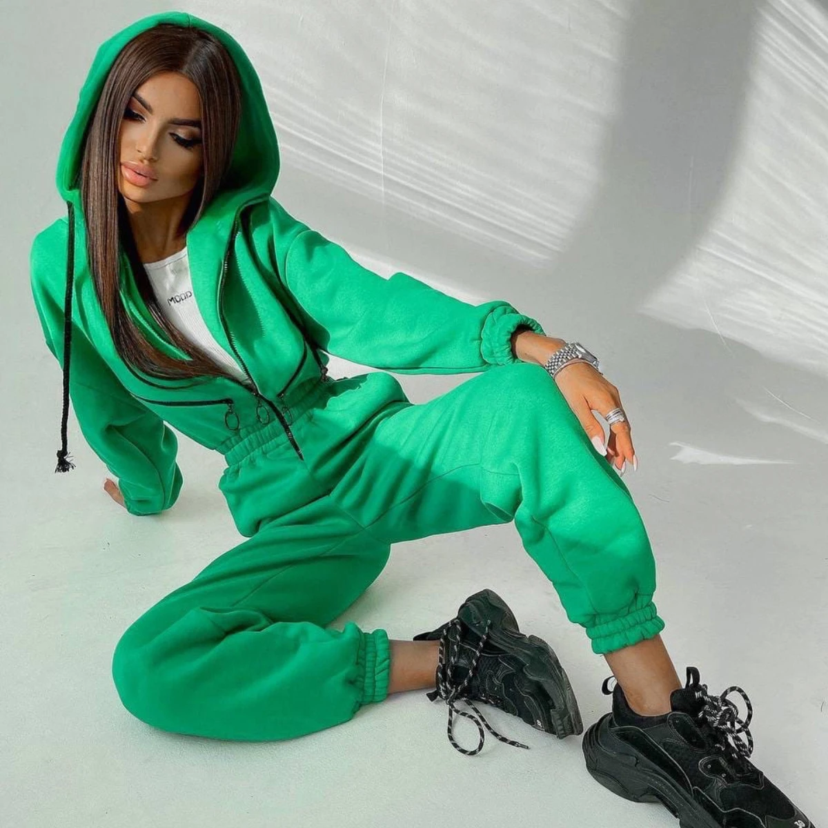 

Casual Women Basic Hoodie Jumpsuit Zipper Drawstring Overalls Autumn Winter Streetwear Tracksuit Solid Rompers One Piece Outfit