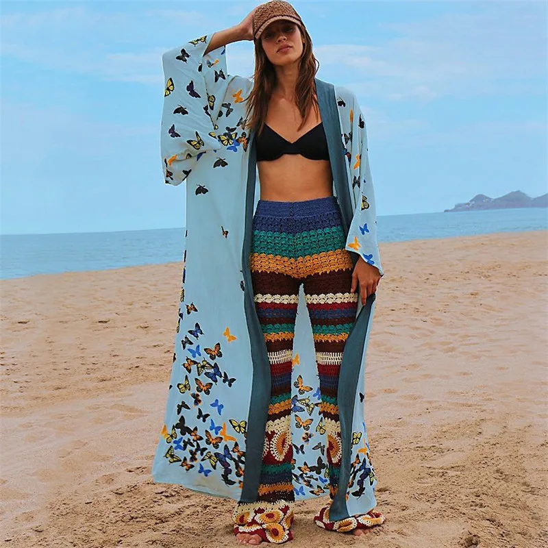Rayon Bikini Beach Blouse Butterfly Loose Elegant Fashion Splicing Long Sleeve Breathable Sunscreen Beach Holiday Beach Jacket