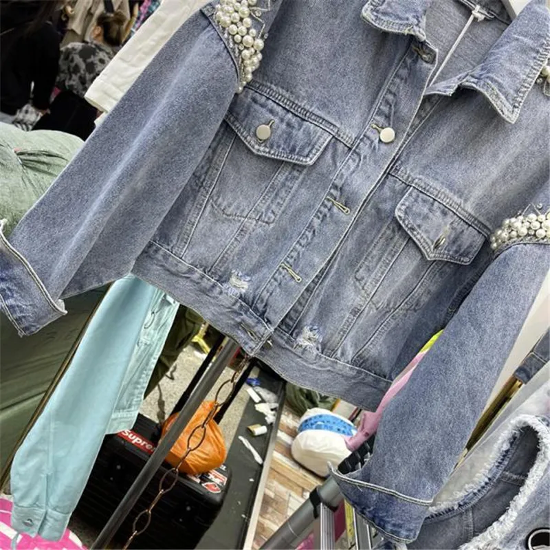 

Heavy Work Beaded Hole Denim Jacket Women Casual Streetwear Outerwear Long-sleeve Lapel Spring 2021 Loose Vintage Jeans Jackets
