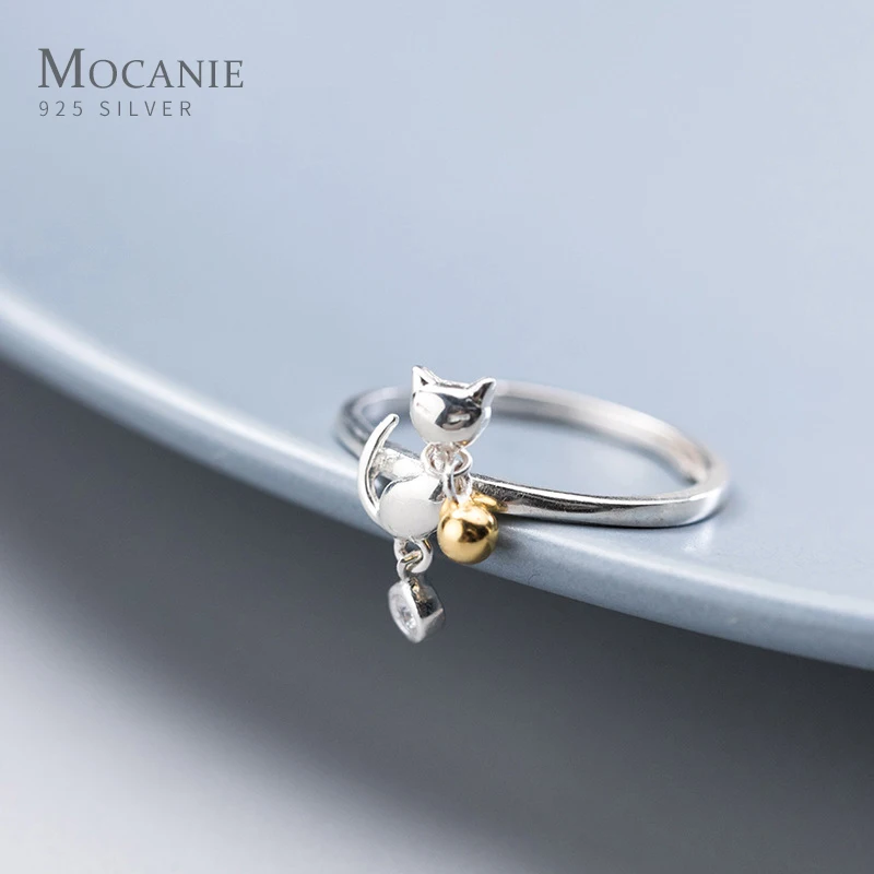 

Mocanie Authentic 925 Sterling Silver Radiant CZ Lovely Cat Gold Color Bells Adjustable Free Size Ring for Women Fine Jewelry