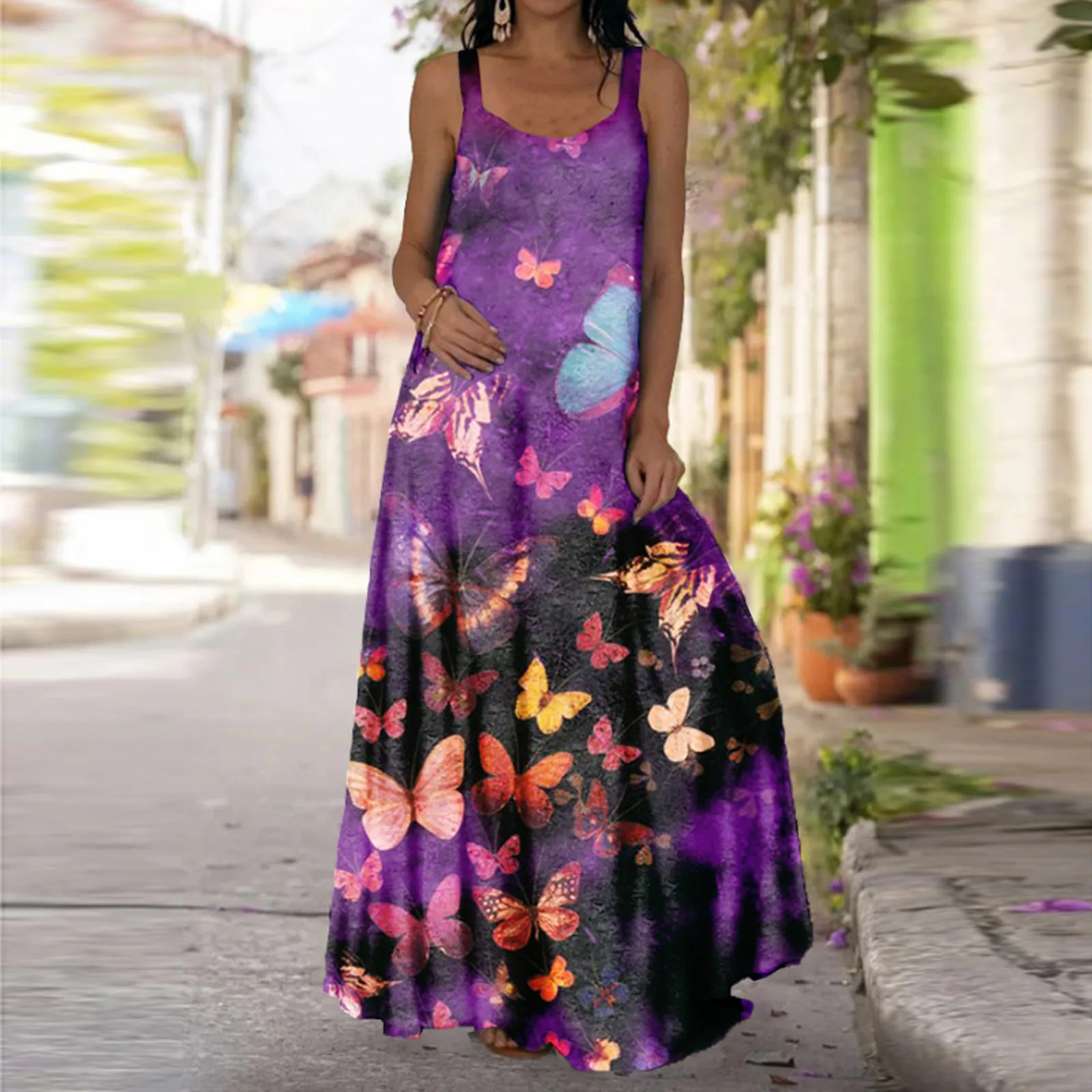 

SAGACE Ladies Sling Butterfly Print Dress Women's Casual Summer Sexy Butterfly Print Colorful Sleeveless Tank Dress