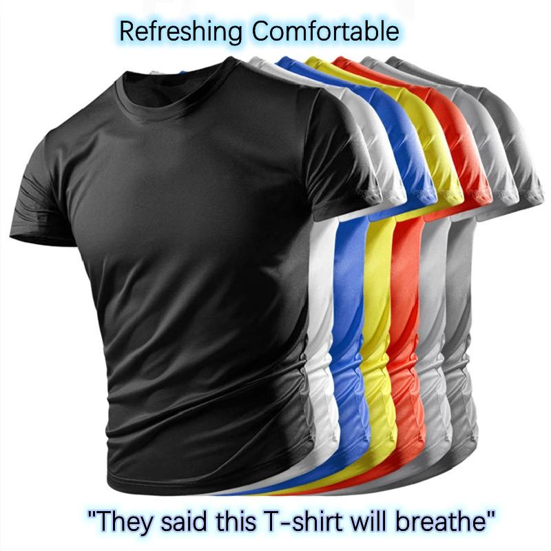 

The New Men's Ice Silk short-sleeved T-shirt Quick-drying Clothes Summer Solid Color Mesh Breathable Plus Size Sportswear