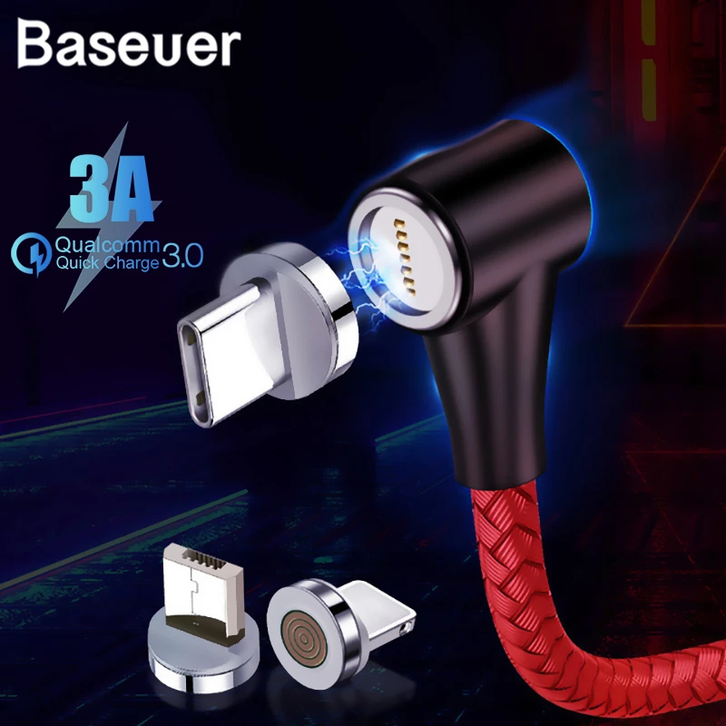 Baseuer QC 3,0 3A локоть l-образный Магнитный кабель Micro usb type C для Xiaomi Redmi; Huawei samsung магнит для iPhone 90 градусов