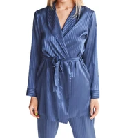european and american blue satin pajamas striped fashion nightgown breathable silk two piece suit ladies home service suit