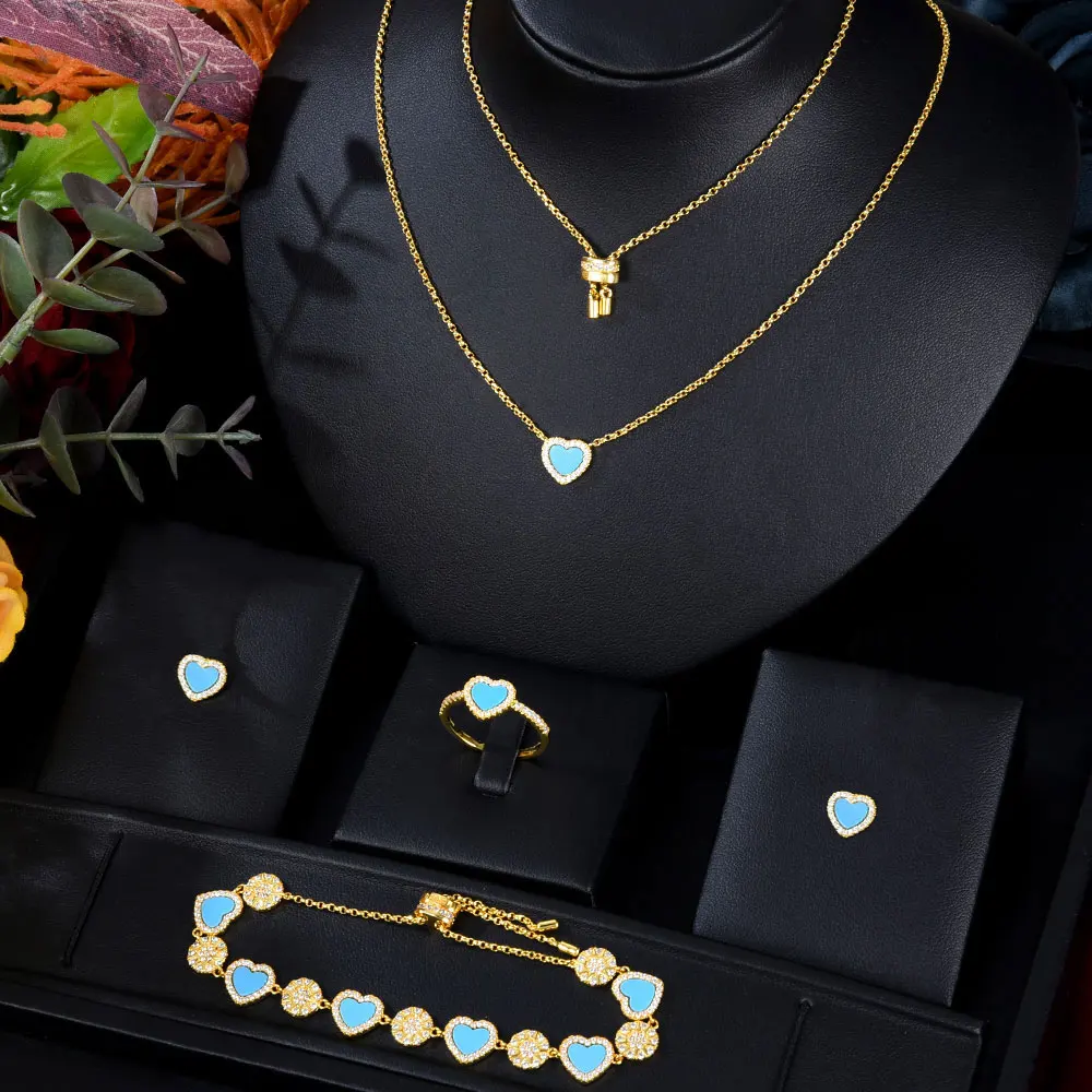 

missvikki Romantic Cute INS Style Heart Jewelry Set Earrings Necklace Bangle Ring 4 PCS Women Wedding серьги 2021 тренд