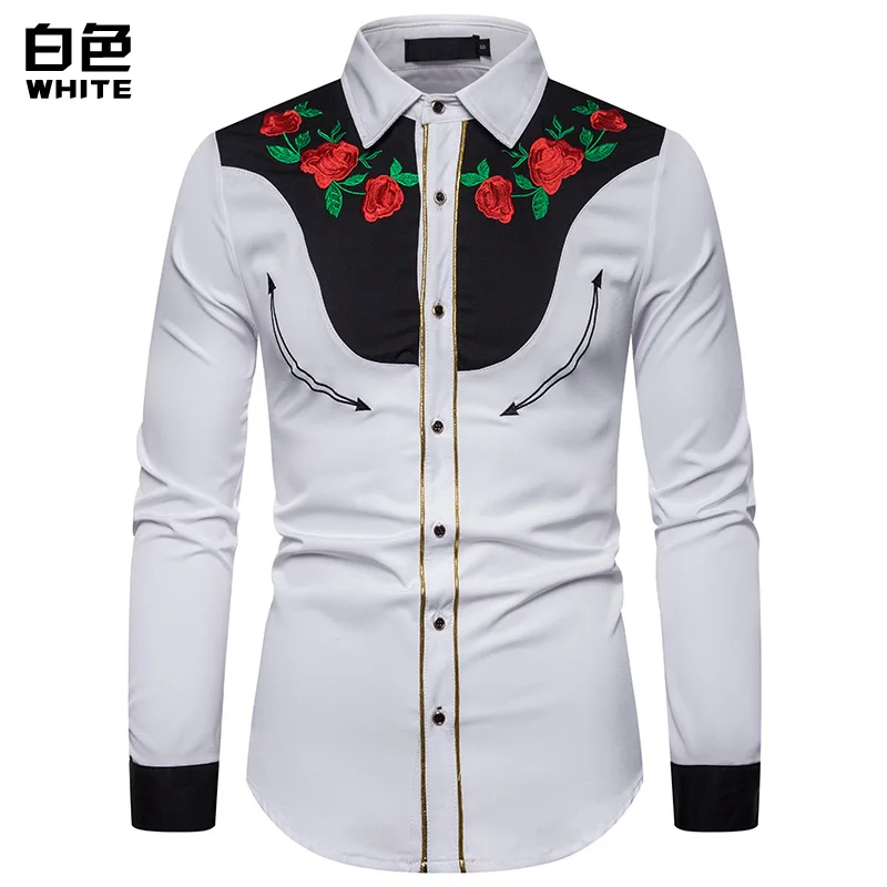 white Мужская рубашка Camisa Masculina, модная, стильная, с вышивкой, рубашка с длинными рукавами с вышитыми розами в американском западном стиле - Цвет: white