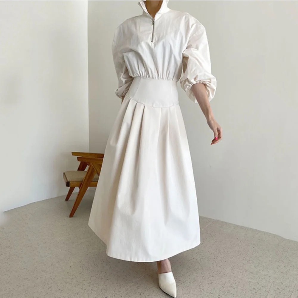

Autumn New 2021 Temperament Grace Japanese Style Stand-up Collar Dress Solid Color High Waist Long Sleeve Zipper Casual Woman