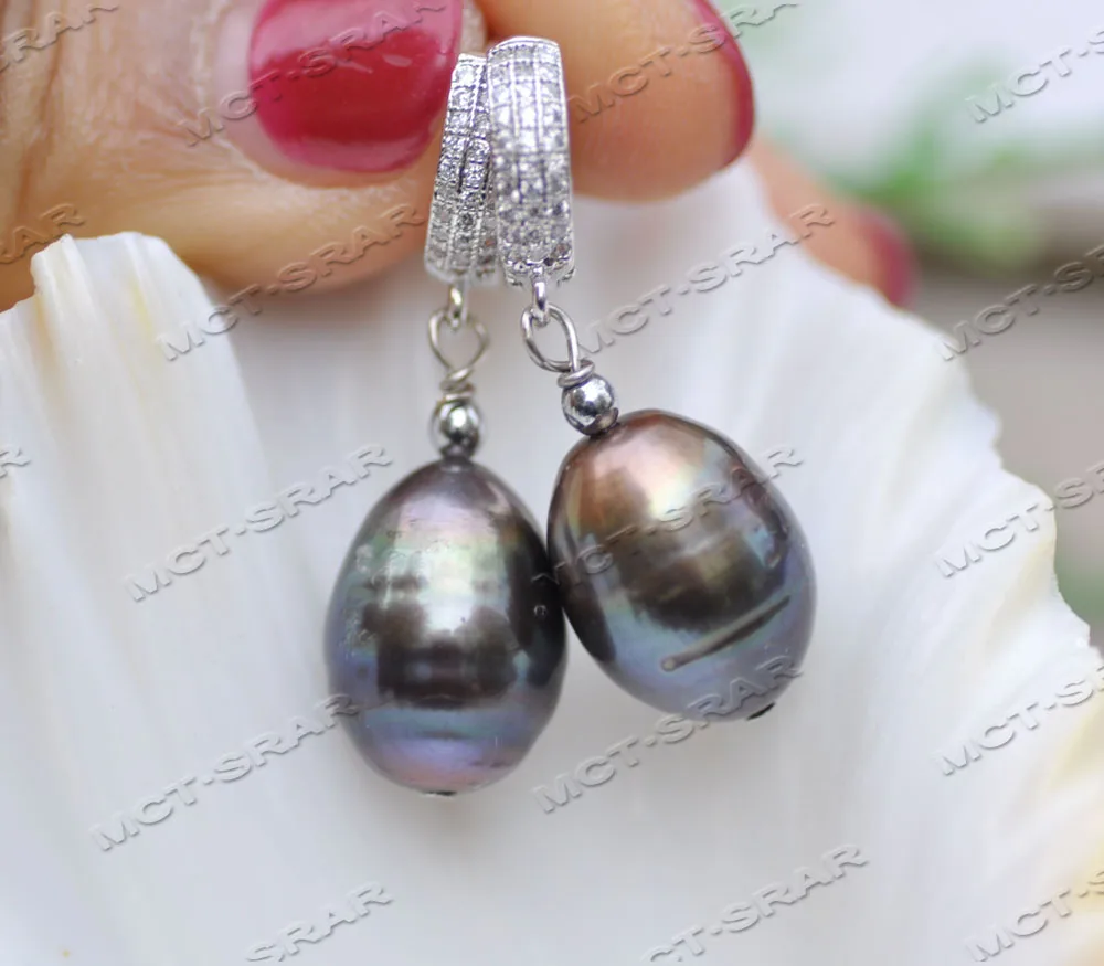 

Z11641 15 мм пресноводный жемчуг черный рис Висячие серьги CZ