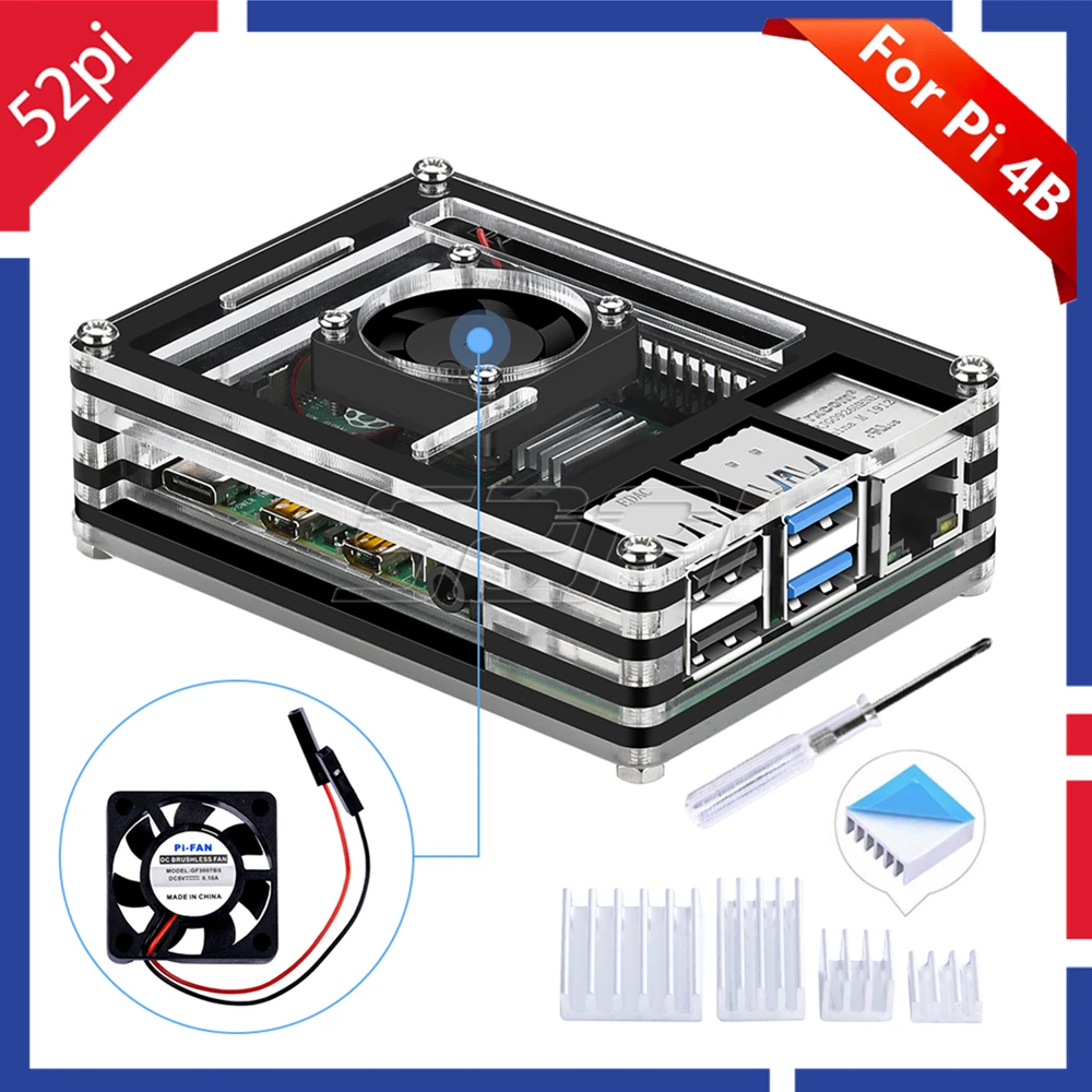 

52Pi Acrylic Transparent / Clear & Black Case Cover For Raspberry Pi 4 Model B, With Cooling Fan for Raspberry Pi 4B