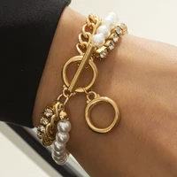fashion punk curb cuban chain bracelets set boho thick gold color charm bracelets bangles for women gifts pearl trendy jewelry