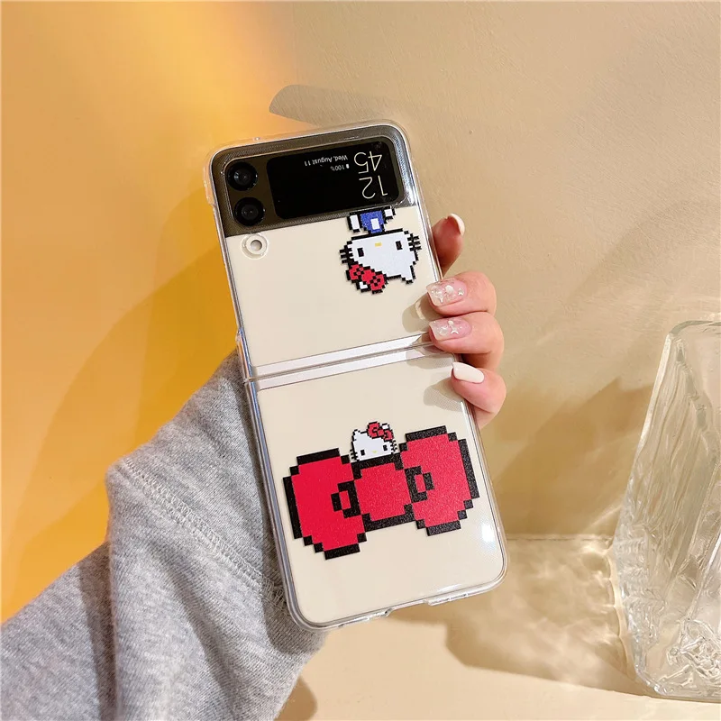 cute kitty phone stand transparent case for samsung galaxy z flip 3 5g hard pc back cover for zflip3 case protective shell free global shipping