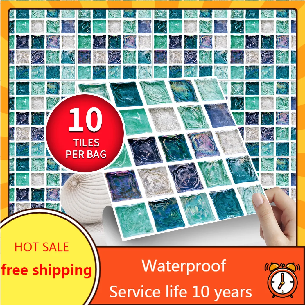 

10Pcs Mosaic Tiles Wall sticker 10*10cm Peel and Stick Tile Backsplash for Kitchen Wall Decor Aluminum Surface Home Decoration