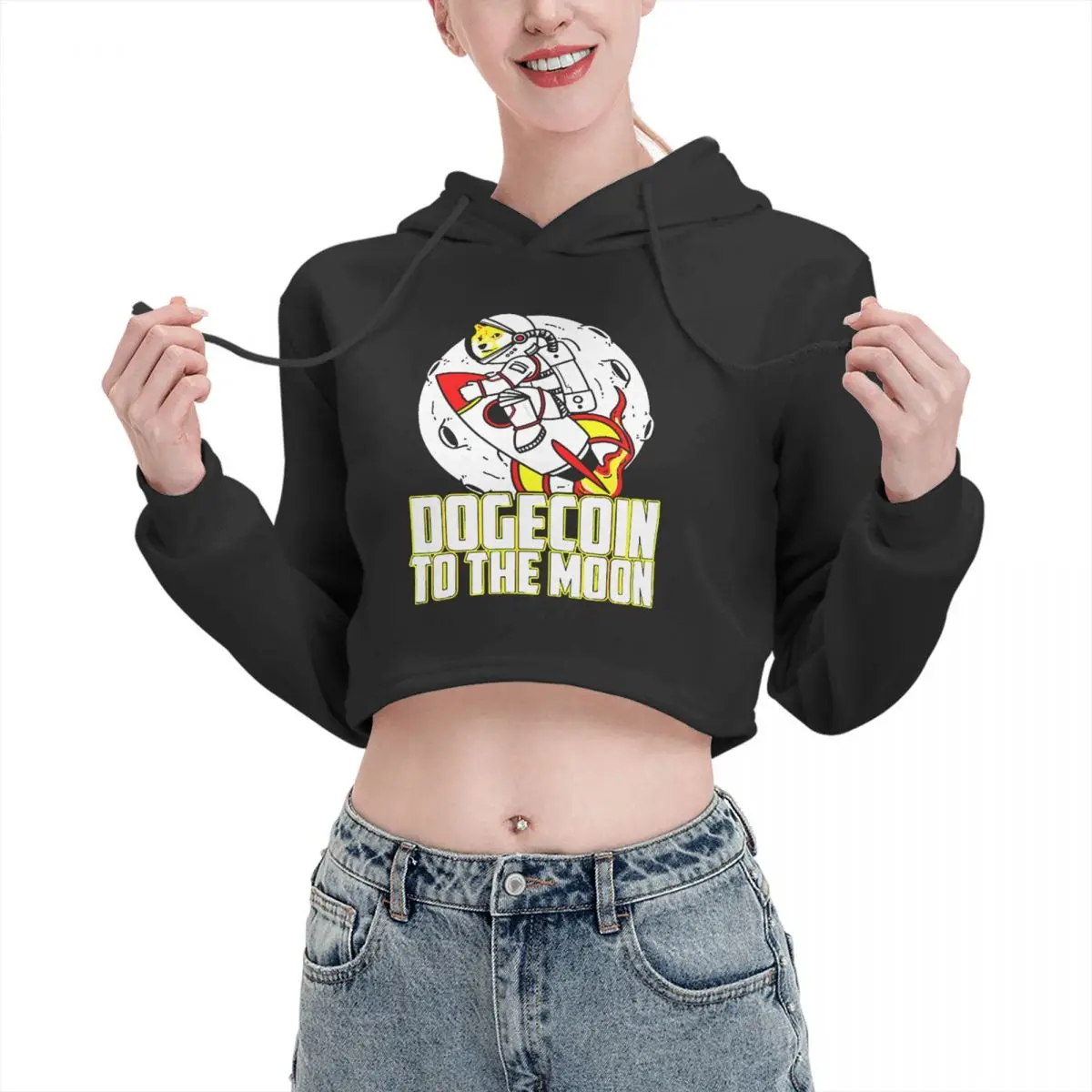 

Open navel Cat Ear Hoodie Sweater Dogecoin To The Moon Doge Rocket Hooded rope Nerdy beautiful Print Dogecoin Lover pullover