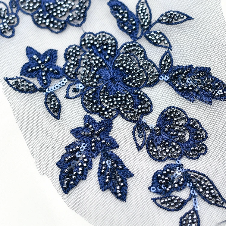 Темно синяя кружевная Аппликация из бисера темно вышитая аппликация розового