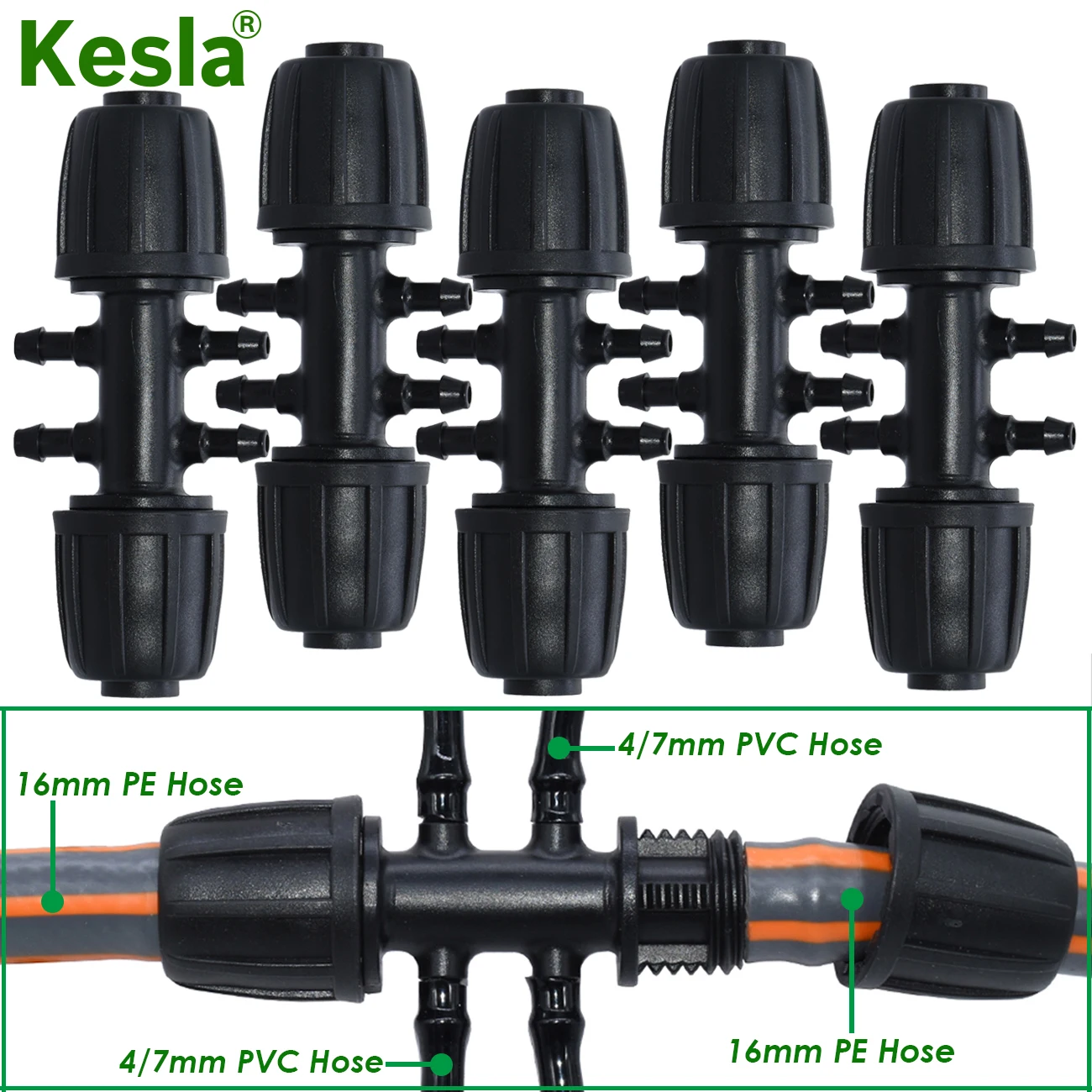 

KESLA 16mm to 4/7mm Tubing 6-Way Connector Garden Flower Irrigation Water Adapter PE Pipe to 1/4'' Micro Hose Fitting Joint