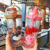 500ml cartoon creative water bottle straw plastic drinkware cute student stirring travel large capacity kawaii cup juice drinkin