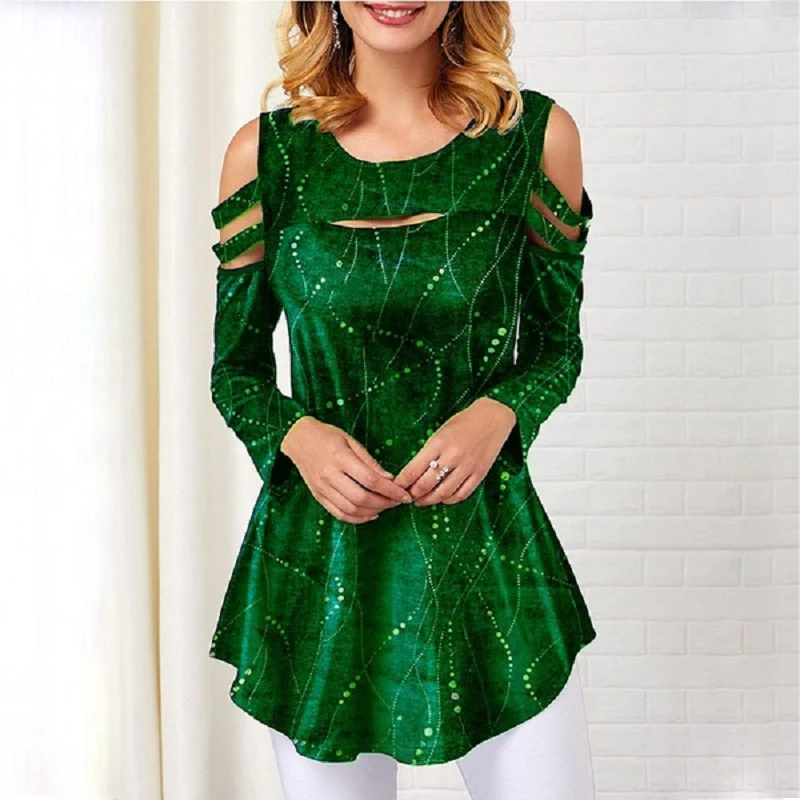 YELITE туника топы Женская Сексуальная Блузка с принтом открытыми плечами