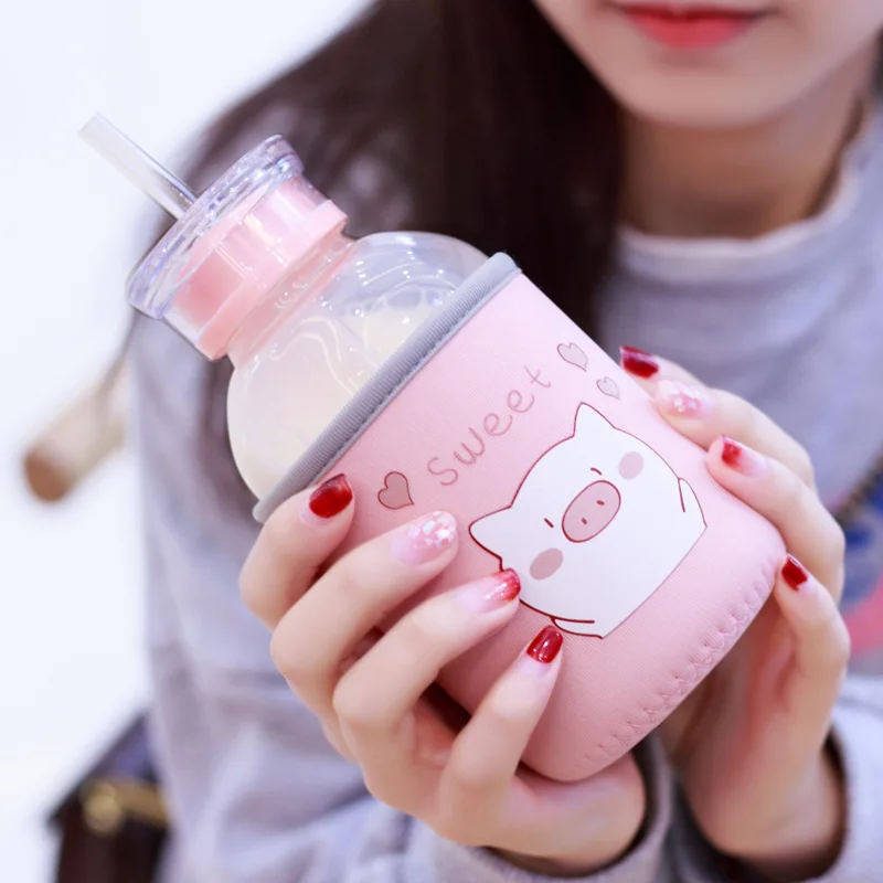 Бутылка для воды Kawaii Pig 450 мл стеклянная с соломинкой Мультяшные модные милые