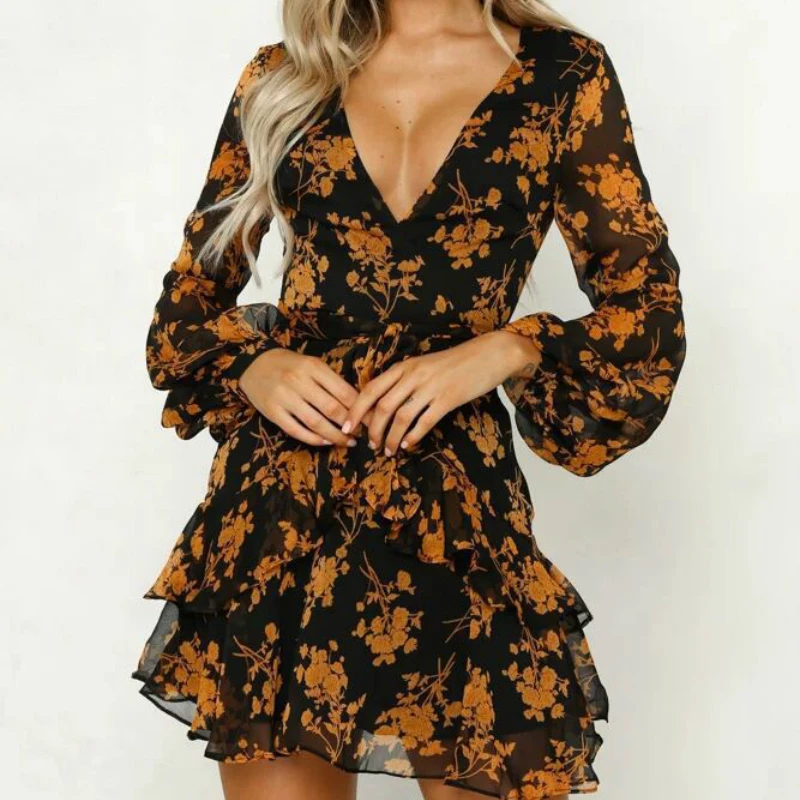 Женское платье-макси с цветочным принтом длинным рукавом и V-образным вырезом |