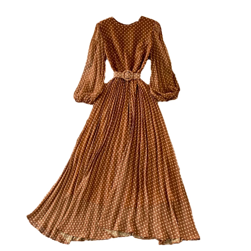 

New Spring Autumn Women O-Neck Long Sleeve Belt Slim Chiffon Long Dress High Quality Designer Dots Print Runway Dress
