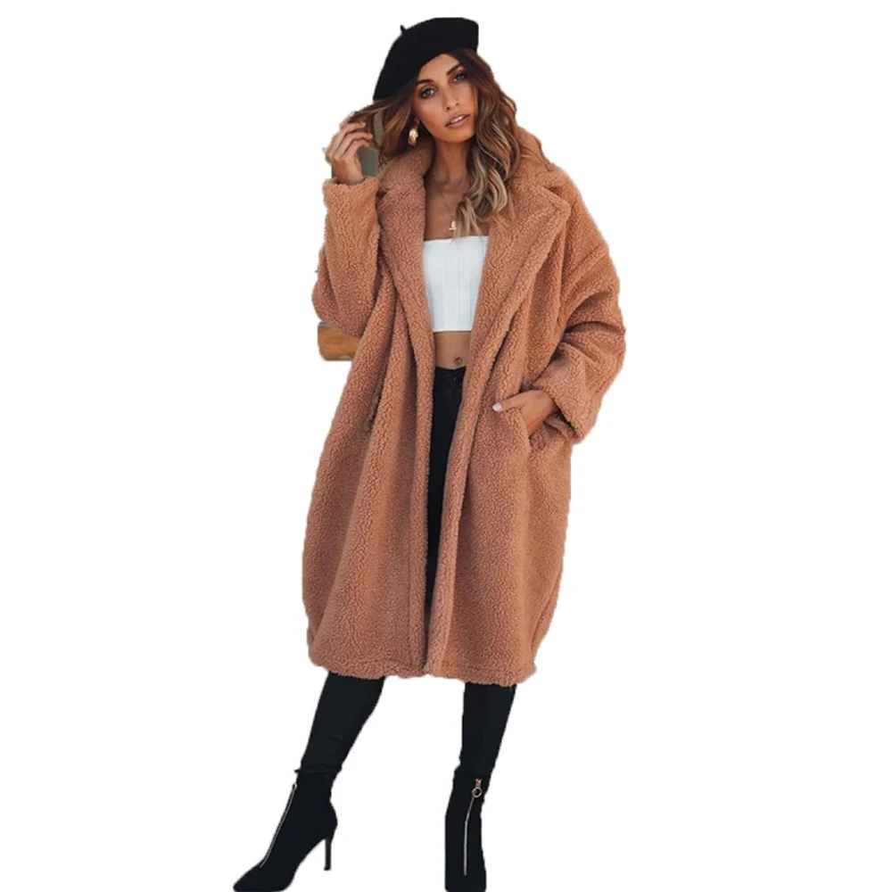 Женское зимнее теплое длинное пальто из шерсти ягненка с отложным воротником и