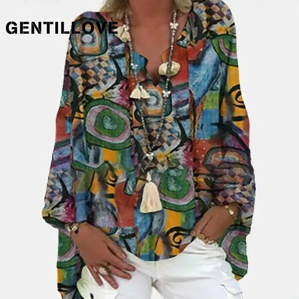 

Gentillove Plus Size 5XL Tunics Elegant Cotton and Linen Tops Oversized Shirts Women Casual Long Sleeve V Nevk Loose Blouse