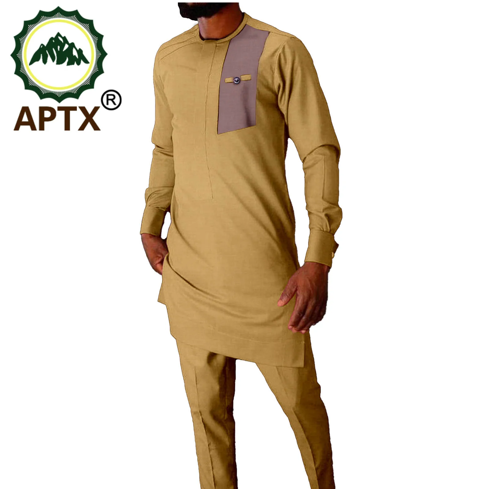 African Clothes For Men Rich Bazin Bicolor Style Splicing Crew Neck Robe Long Sleeve Traditional Top And Pants Contracted Set