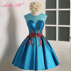 AnXin SH синее Атласное Вечернее платье Хост вышивка бисером Красная роза Короткие невесты Вечерние цветок Круглая горловина без Рукавов Розовое Вечернее Платье