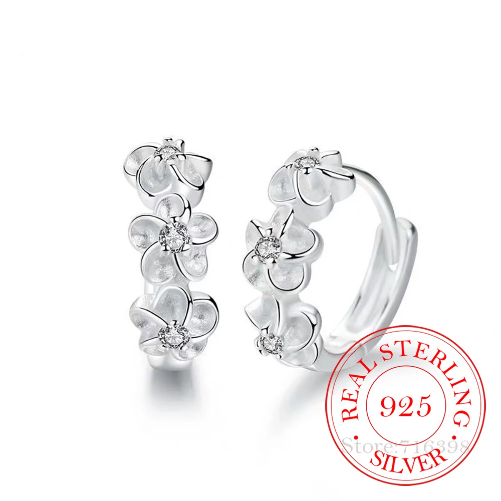 

100% 925 стерлингового серебра серьги для женщин с украшением в виде кристаллов; Маленькое платье с цветочным узором с круглым обруч серьги, не...