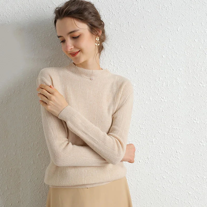 Свитер женский из 100% шерсти мериноса однотонный мягкий с круглым вырезом