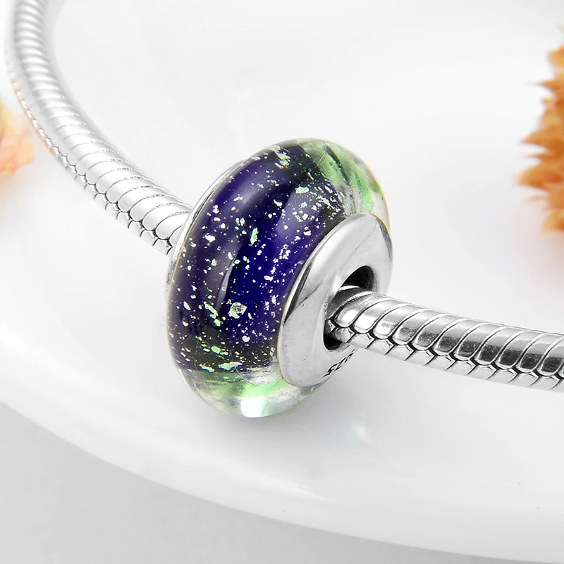 Fit Pandora амулеты Серебро 925 браслет бусины стерлингового серебра 925 блестящий синий зеленый бусина из муранского стекла женские ювелирные изделия