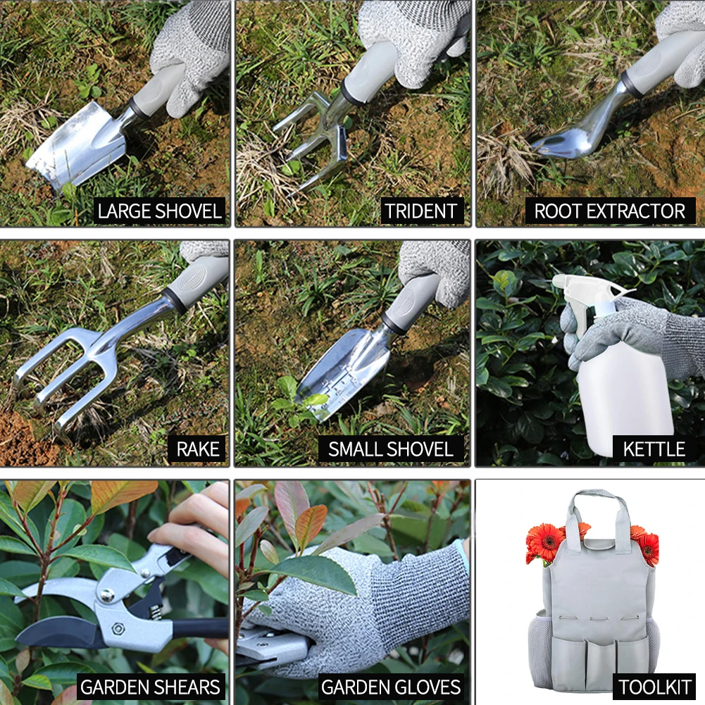 

9pcs Digging Weeding Gardening With Tool Bag Anti Slip Garden Tools Set Rake Shovel Space Aluminum Manual Gloves Loose Soil