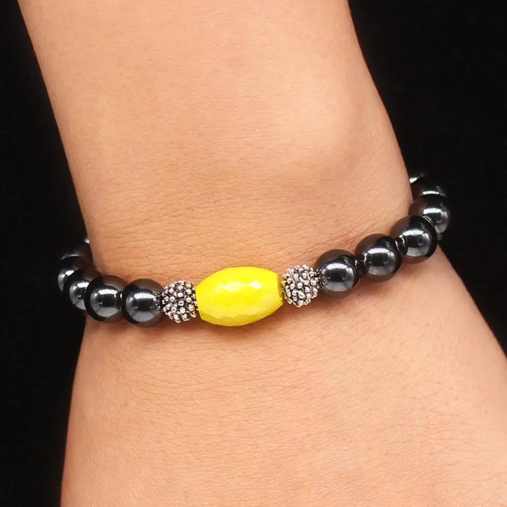 Магнитный эластичный браслет из гематита 8 мм круглые бусины с граненым стеклом