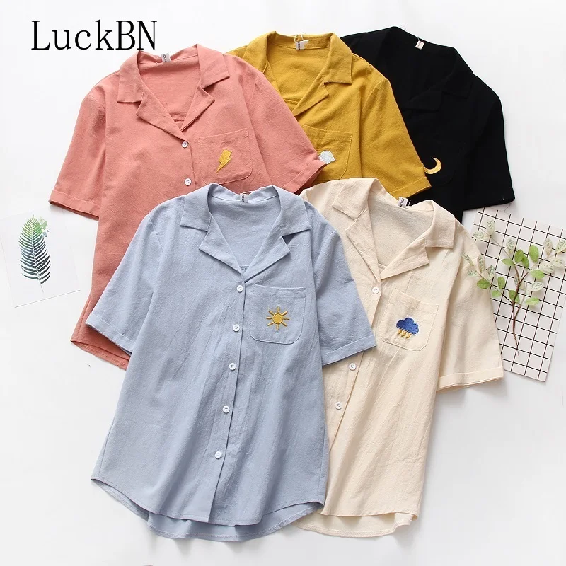 Блузка женская хлопковая в ретро стиле приталенная рубашка с вышивкой и принтом